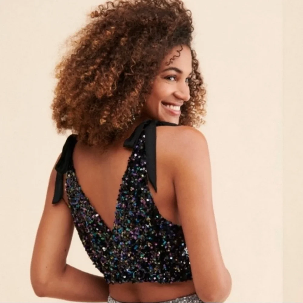 Free People Big Night petrol black iridescent sequin embellished crop top XS - Picture 2 of 5